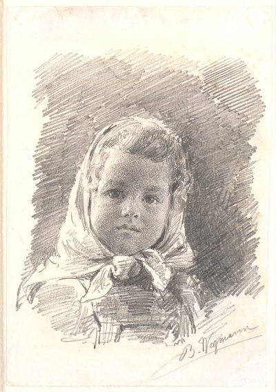 彼女の頭の周りにスカーフを持つ少女の肖像画 作： Bertha Wegmann