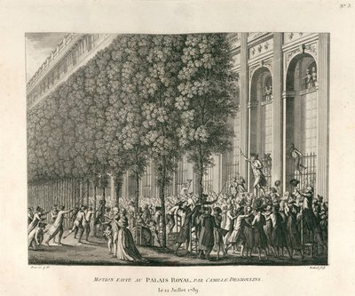 1789年7月12日、カミーユ・デムーランがパレ・ロワイヤルで行った動議 作： Berthault