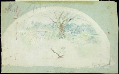 1884年のブージヴァルを描いたファン（油彩、鉛筆、シルク、シルク） 作： Berthe Morisot