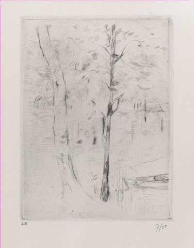 風景 川の近くの木の幹、1888 年。 作： Berthe Morisot
