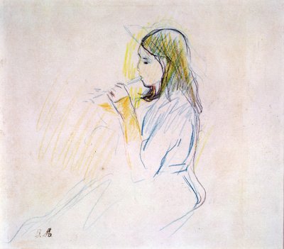 リコーダーを吹くマネの娘」（紙に色鉛筆） 作： Berthe Morisot