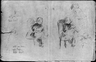 人形を持つ少女の研究、1884年（紙に黒鉛） 作： Berthe Morisot