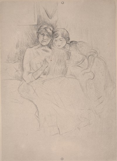 絵を描くレッスン-ベルト・モリゾが娘と一緒に絵を描く、c.1889-90（ドライポイント） 作： Berthe Morisot