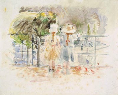 パリのチュイルリー公園の湖畔の手すりにいる 2 人の少女 作： Berthe Morisot
