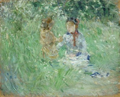 「ブージヴァルの牧草地にいる女性と子供」、1882年 作： Berthe Morisot