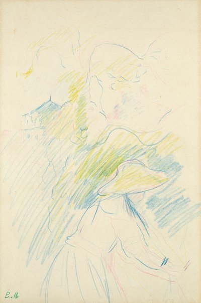 庭の少女、1888年（紙に色鉛筆） 作： Berthe Morisot