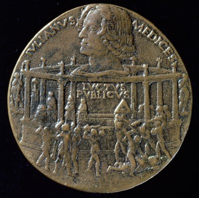 1478年のパッツィの陰謀を記念したジュリアーノデメディチ（1453-1478）の頭をもった勲章、ヴェルソ（ブロンズ）（レトロは119165を参照） 作： Bertoldo di Giovanni