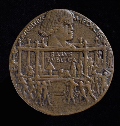 1478年のパッツィの陰謀を記念したロレンツォデメディチ（1449-92）の頭を持つメダル（直腸）（ブロンズ）（Versoは120956を参照） 作： Bertoldo di Giovanni