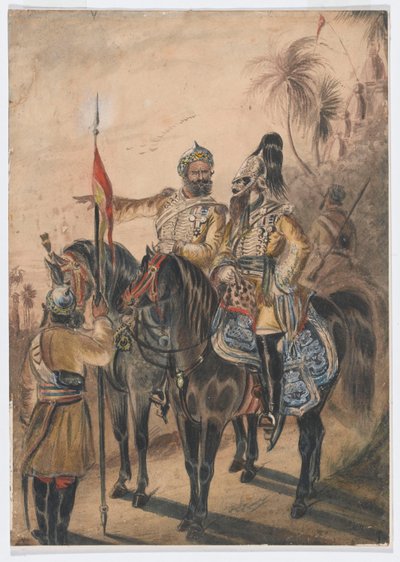 2人の騎乗将校と降車したソワール、第4ベンガル不規則騎兵隊、1850年頃（水彩） 作： Bethune Donald Grant