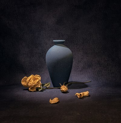「ダークブルーのバラの静物画」 作： Betty Liu