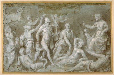 火星とレア・シルビア（ブラシと茶色のインクに白のボディカラーを加えたもの、カルタ・アッズーラ紙 作： Biagio Pupini