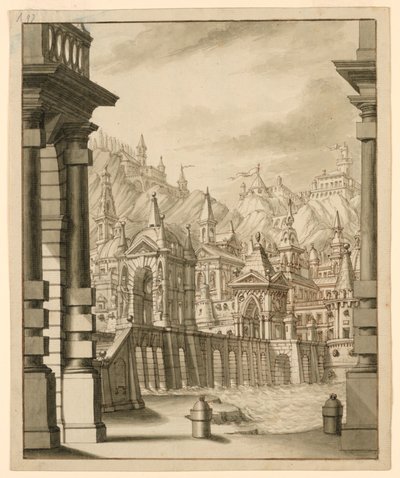舞台デザイン、小塔のある丘の上の町 作： Bibiena Family, 1657