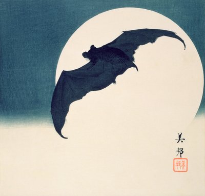 コウモリと満月（カラー木版画） 作： Biho Takashi or Takahashi (b. 1873. fl 1890 1930)