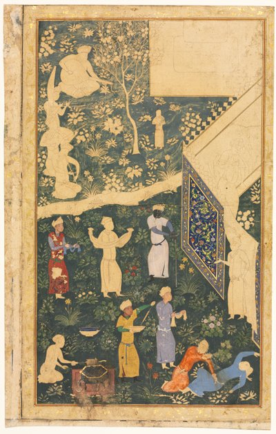 ロイヤルキャンプ野外のミュージシャンと召使c。 1485。 作： Bihzad