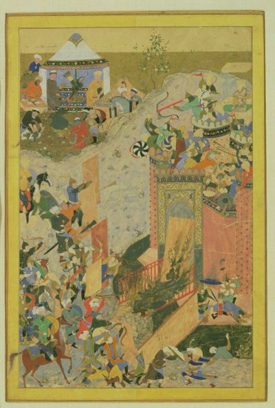 ペルシャ、ティムール朝時代の城への攻撃（1370-1506）c.1475-1500（紙にトイレと金箔） 作： Bihzad attr. to Bihzad attr. to