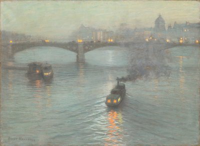 セーヌ川の夕べ、1888年頃（準備されたキャンバスにパステル） 作： Birge Harrison