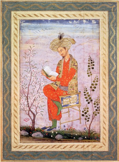 Babur (r.1526-30) Reading、Mughal (紙に水彩) 作： Bishn Das