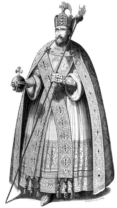 皇帝が戴冠式の際に着用した衣装は、1579年から1846年までのシャルルマーニュ時代から。 作： Bisson and Cottard