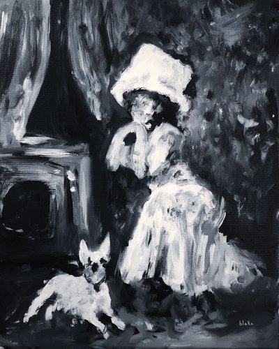 女性と犬のポーズ、2019年頃（キャンバスにアクリル） 作： Blake Munch