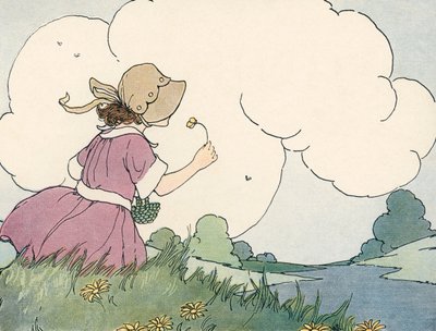 夏の空を背景に、野草の香りを嗅ぐ少女 作： Blanche Fisher Wright