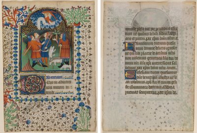 時間の書からの葉: 羊飼いへの告知 (直訳) とテキスト (裏) 作： Boethius Illuminator
