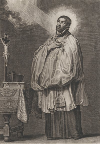 聖フランシスコ・ザビエルは、左上から神々しい光を放っています..., ca. 1623-33。 作： Boetius Adams Bolswert