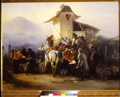 スパイの逮捕。 Gottfried (Bogdan Pavlovich) Willewalde (1818-1903) の絵画、キャンバスに油彩 作： Bogdan Willewalde