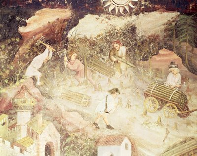12月、木を伐採する男性の詳細、1400年頃（フレスコ画） 作： Bohemian School