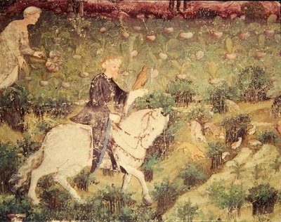 9月の月、鷹を連れた騎手の詳細、1400年頃（フレスコ画 作： Bohemian School