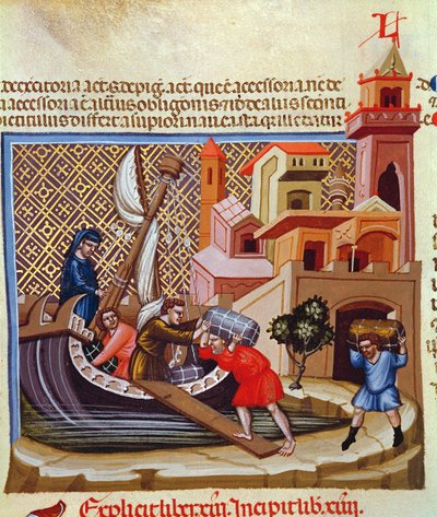 船への商品の積み込み、原稿「Justinian Institutiones Feodorum et Alia」、1300年頃（ベラム） 作： Bolognese School