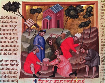 原稿「Justianian Institutiones Feodorum et Alia Codex」の大理石カッターと石砕き、1300年頃（ベラム） 作： Bolognese School