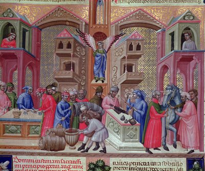 商人ギルド、原稿「Justinian Institutiones Feodorum et Alia」、1300年頃（ベラム） 作： Bolognese School