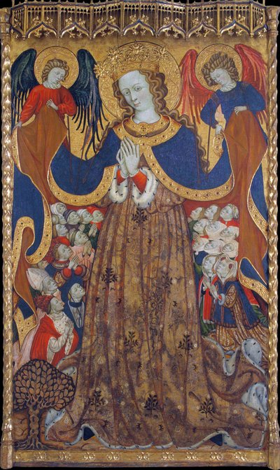 La Vierge de Misericorde - Peinture de Bonanat Zaortiga (actif 15eme siecle)、木にテンペラ (223x126.8 cm)、1430 年頃 - 慈悲の聖母、Bonanat Zaortiga によるパネルにテンペラ、1430 年頃 - Museu Nacional d