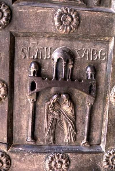 S.ラニエリ門での「訪問」を描いたパネル 作： Bonannus of Pisa
