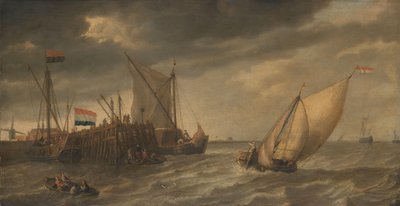 強風の中、スヘルデ川の桟橋で下船する旅行者 作： Bonaventura Peeters (I)