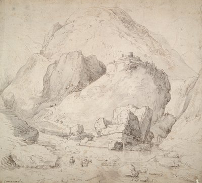 前景に馬に乗った人物がいる山岳風景 作： Bonaventura Peeters
