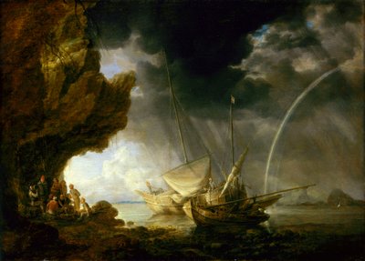 暴風雨を避ける船員たちのいる海景 17世紀半ば パネルに油彩 作： Bonaventura Peeters