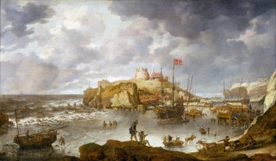 デンマーク国旗を掲げた船と、一部凍結している大天使港（ロシア 作： Bonaventura Peeters