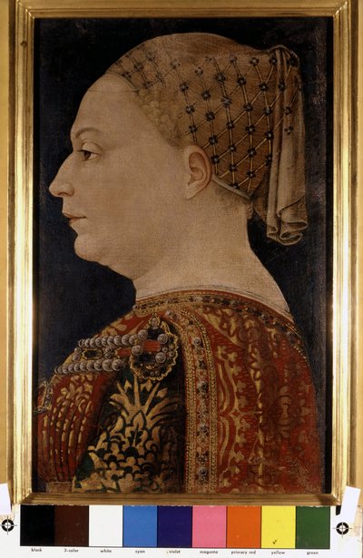 フランチェスコ・スフォルツァ（1401-1466）の妻、ビアンカ・マリア・ヴィスコンティの肖像（1470年頃、ボノファシオ・ベンボ作）。ピナコテカ・ディ・ブレラ（ミラノ）。 作： Bonifacio Bembo