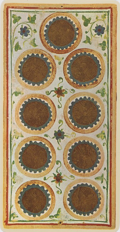 Nine of Coins、「Visconti」デッキのタロットカードの複製、1441-47 作： Bonifacio Bembo