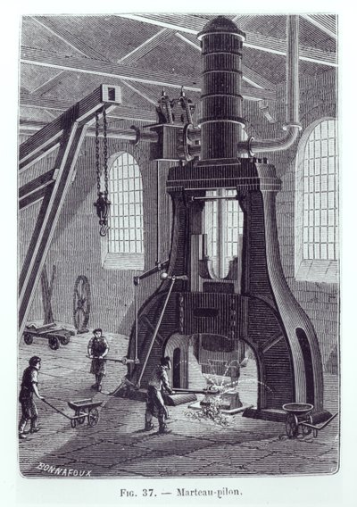 Le Creusot Power Hammer、産業機械に関する本のイラスト、c。 1880（bw写真） 作： Bonnafoux