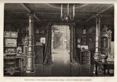 1857年にロンバルディア・ヴェネト王国の副王に任命されてから、トリエステ近郊に建設したミラマール城でのオーストリア大公マクシミリアン（1832-1867）の仕事用キャビネット、B.Bonnafouxの彫刻によるイラストレーション。 作： Bonnafoux Bonnafoux