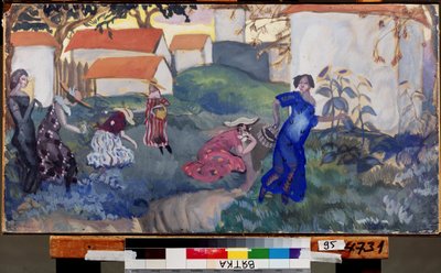夏。 家々の前の庭で走ったり遊んだりしている女性たち。 Boris Dmitryevich Grigoriev (1886-1939) の作品、紙に水彩、グワッシュ 作： Boris Dmitrievich Grigoriev