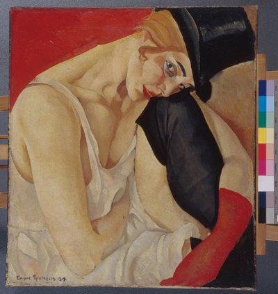 シルクハットをかぶった女性 - ボリス・ドミトリエビッチ・グリゴリエフ (1886-1939) 作、キャンバスに油彩 (71x62.5 cm) 作： Boris Dmitrievich Grigoriev