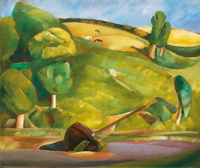 キュビズムの風景の中の帆船、1920年代初頭（キャンバスに油彩） 作： Boris Dmitrievich Grigoriev
