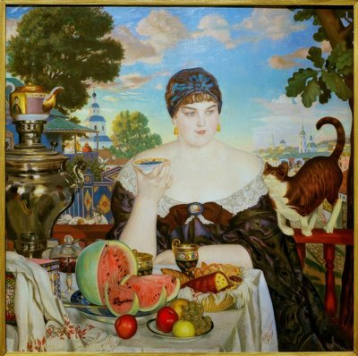 お茶を飲む商人の女性 作： Boris Mikhailovich Kustodiev