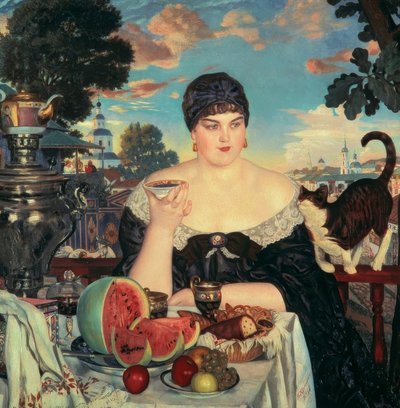 お茶を飲む商人の女性 作： Boris Mikhailovich Kustodiev