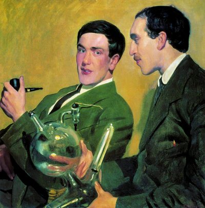物理学者のピョートル・カピツァ (1894-1984) とニコライ・セミョーノフ (1896-1986)、1921 年。 作： Boris Mikhailovich Kustodiev