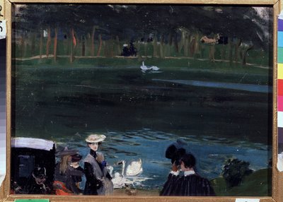ブローニュの森。 白鳥と歩行者がいる湖。 Boris Michaylovich Kustodiev (Kustodiev) (1878-1927) による絵画、キャンバスに油彩 作： Boris Mikhailovich Kustodiev