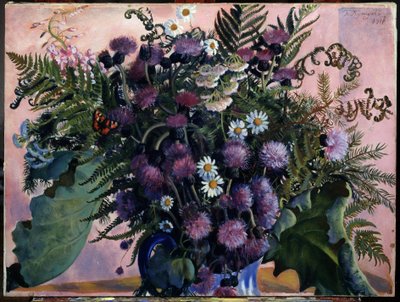 フィンランドの花の花束。 (フィンランドの花束)。 Boris Michaylovich Kustodiev (Kustodiev) (1878-1927) による絵画、キャンバスに油彩 作： Boris Mikhailovich Kustodiev